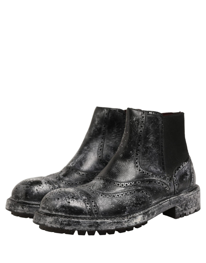 Dolce & Gabbana Black Gray Leather Ankle Chelsea Boots Shoes
