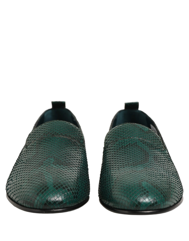 Dolce & Gabbana Dark Green Embossed Leather Loafers Shoes