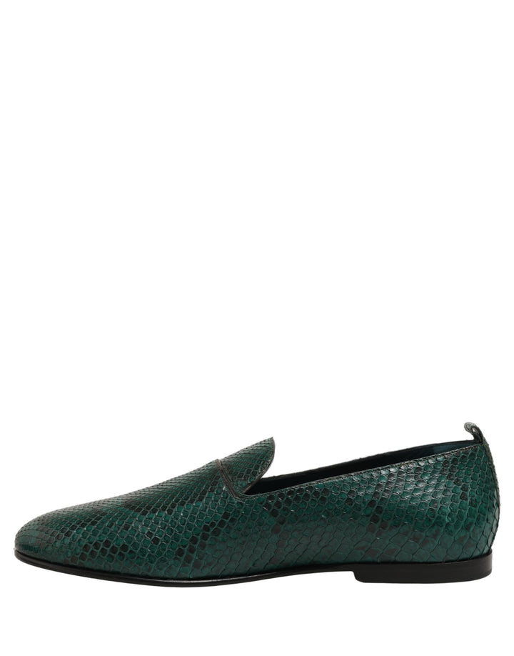 Dolce & Gabbana Dark Green Embossed Leather Loafers Shoes