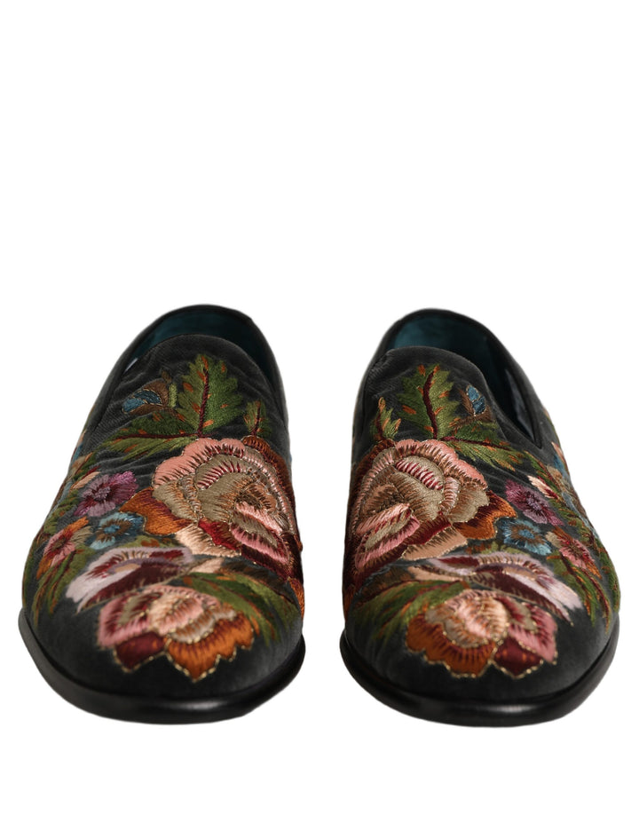 Dolce & Gabbana Black Velvet Floral Embroidery Loafers Shoes