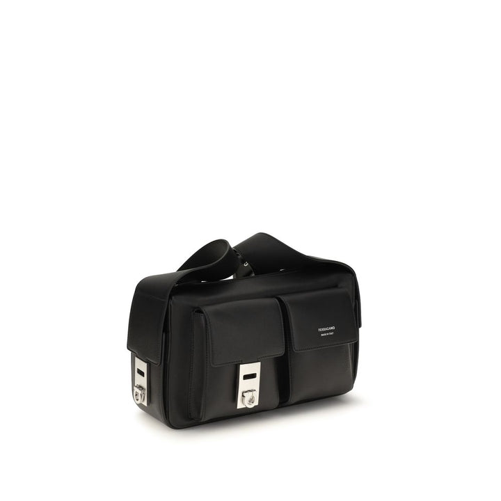 Ferragamo Black Calf Leather Bos Taurus Shoulder Bag