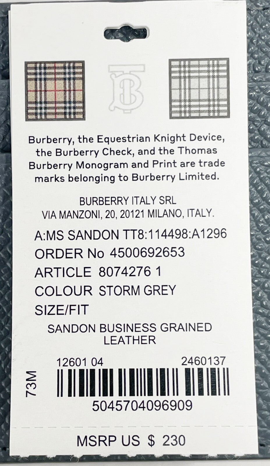 Burberry Sandon Business Small Grey Grained Leather Card Case Wallet