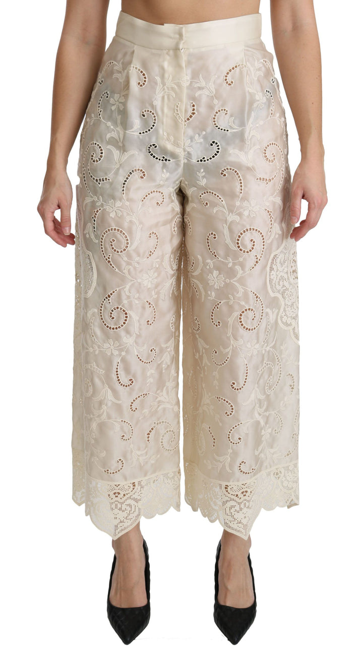 Dolce & Gabbana  Cream Lace High Waist Palazzo Cropped Pants