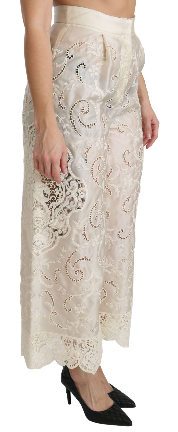 Dolce & Gabbana  Cream Lace High Waist Palazzo Cropped Pants