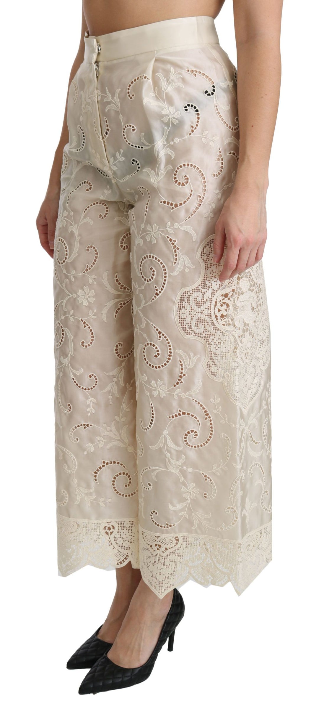 Dolce & Gabbana  Cream Lace High Waist Palazzo Cropped Pants