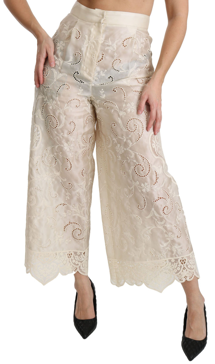 Dolce & Gabbana  Cream Lace High Waist Palazzo Cropped Pants