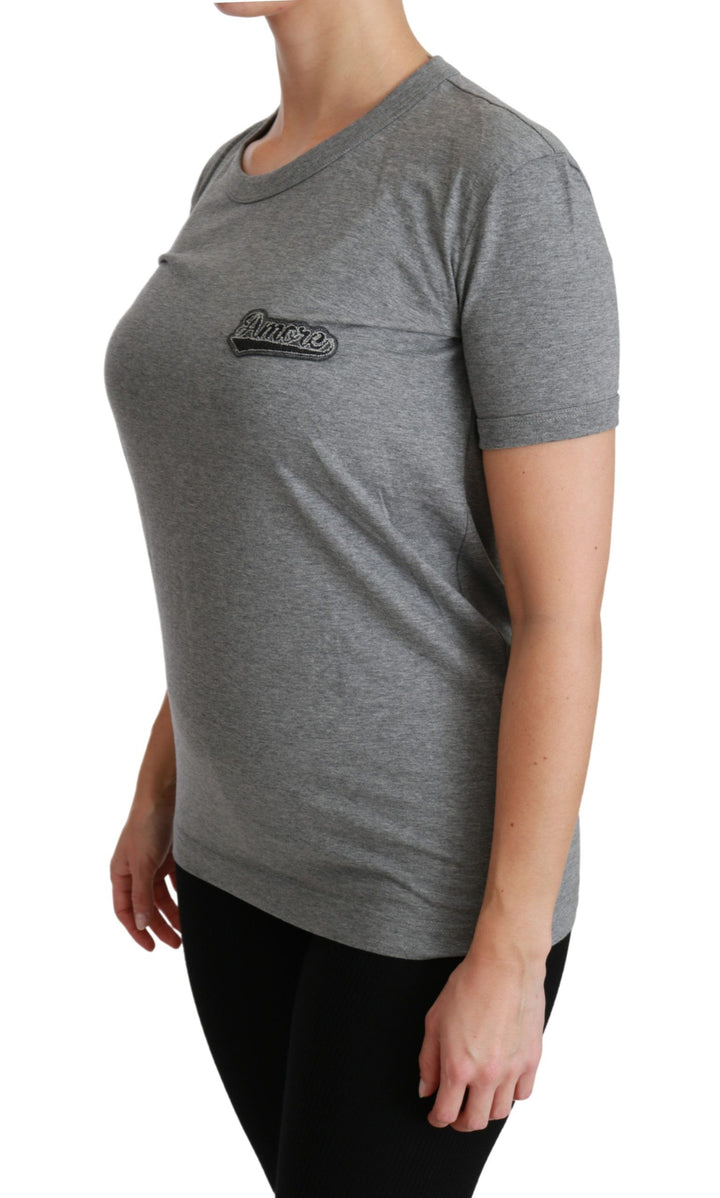 Dolce & Gabbana Gray Crewneck Amore Patch Cotton Top T-shirt