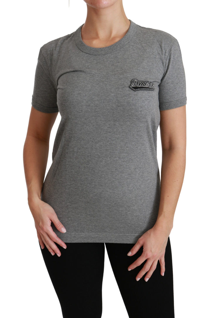 Dolce & Gabbana Gray Crewneck Amore Patch Cotton Top T-shirt