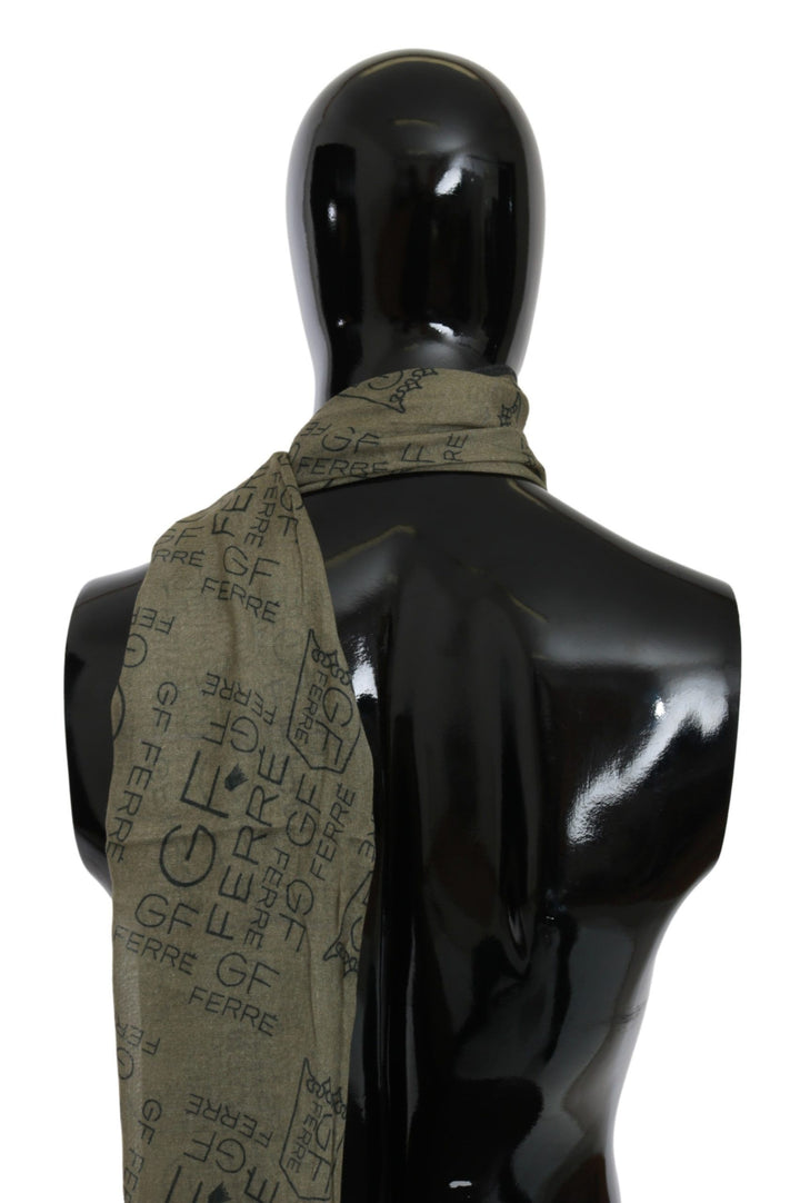 GF Ferre Green Wool Viscose Foulard Patterned Branded Scarf