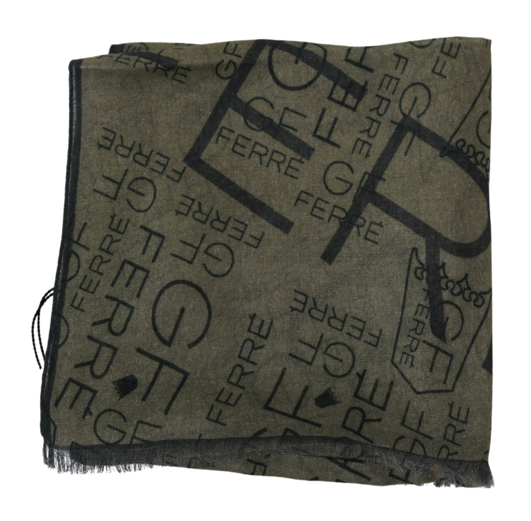 GF Ferre Green Wool Viscose Foulard Patterned Branded Scarf