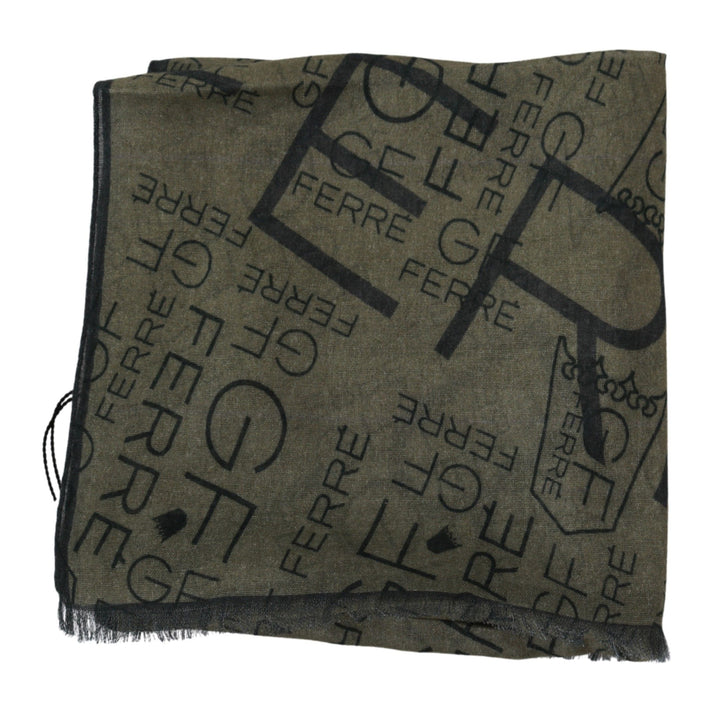 GF Ferre Green Wool Viscose Foulard Patterned Branded Scarf