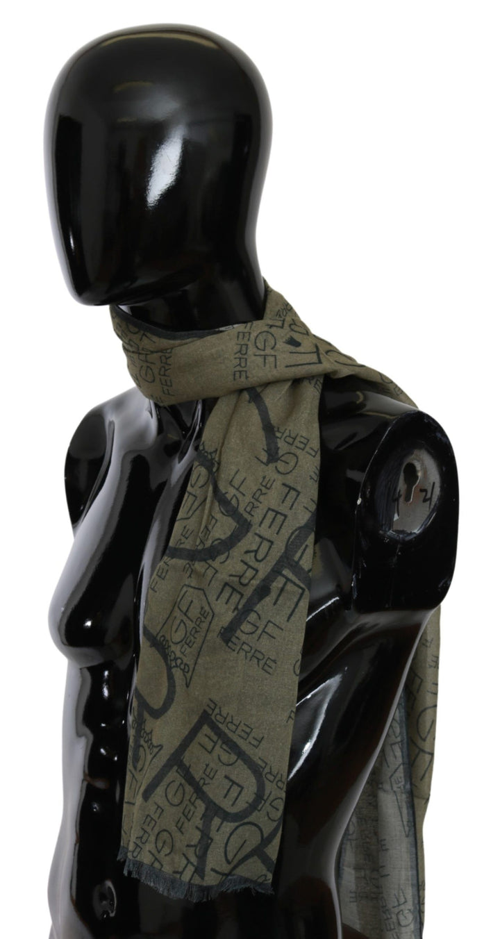GF Ferre Green Wool Viscose Foulard Patterned Branded Scarf