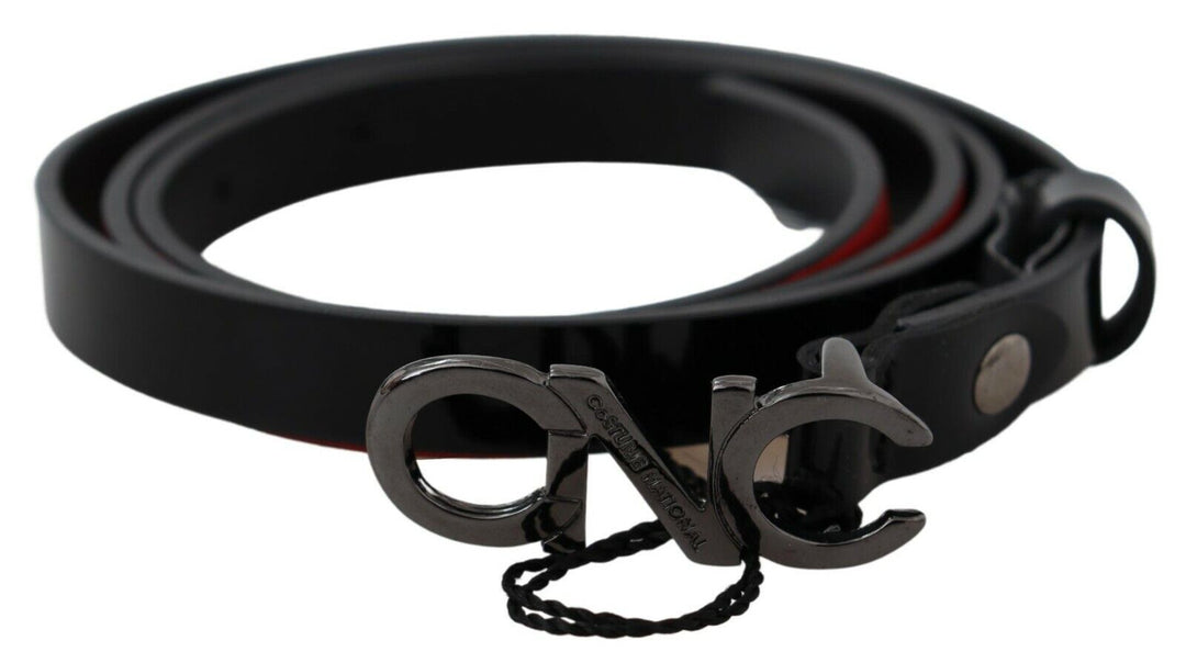 Costume National Black Skinny Leather Logo Buckle Belt