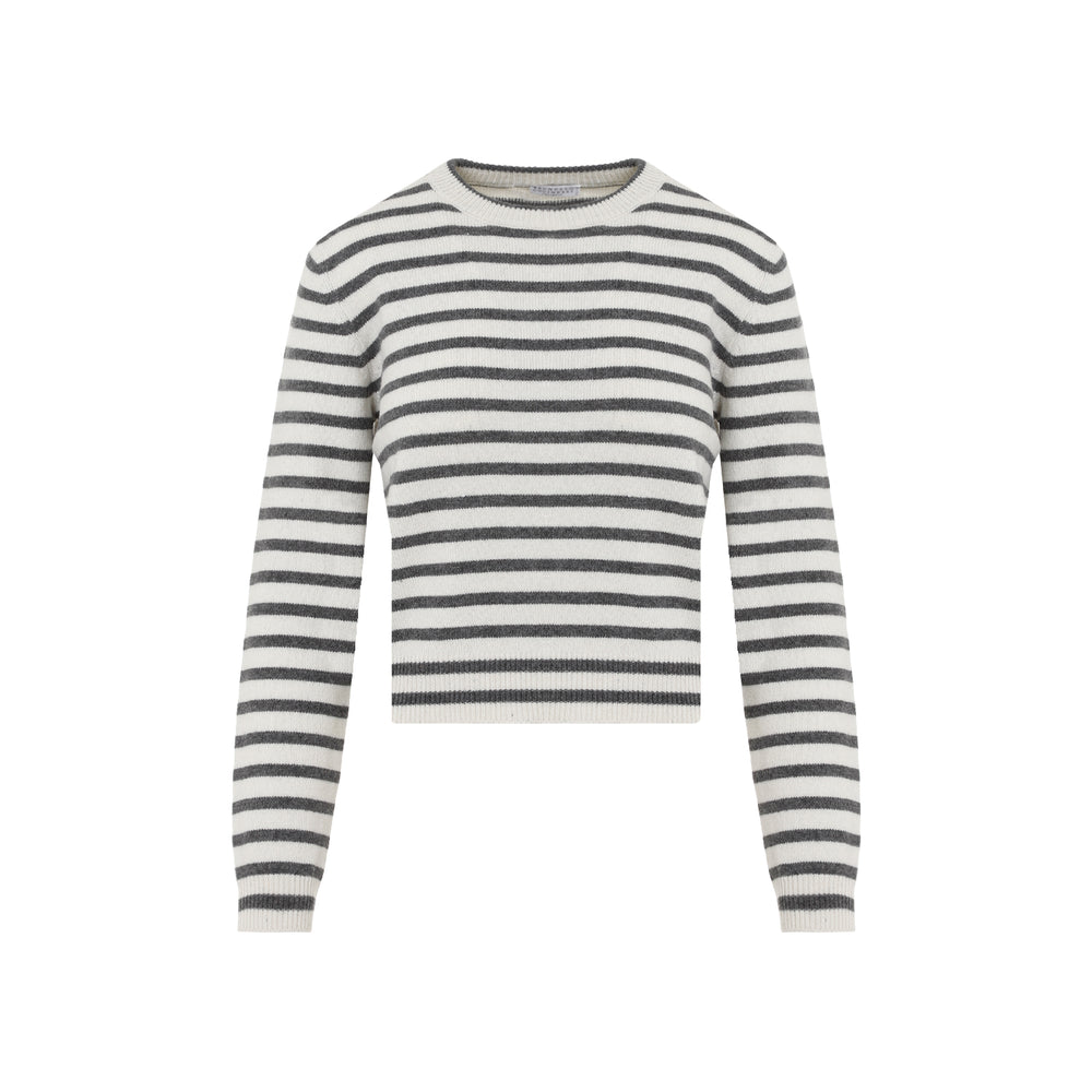 White Stripe Paillettes Cashmere Sweater-1