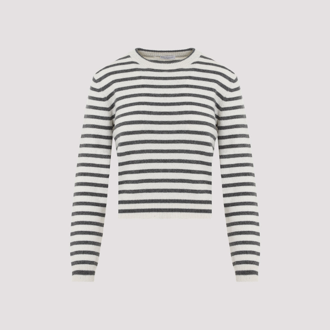 White Stripe Paillettes Cashmere Sweater-2