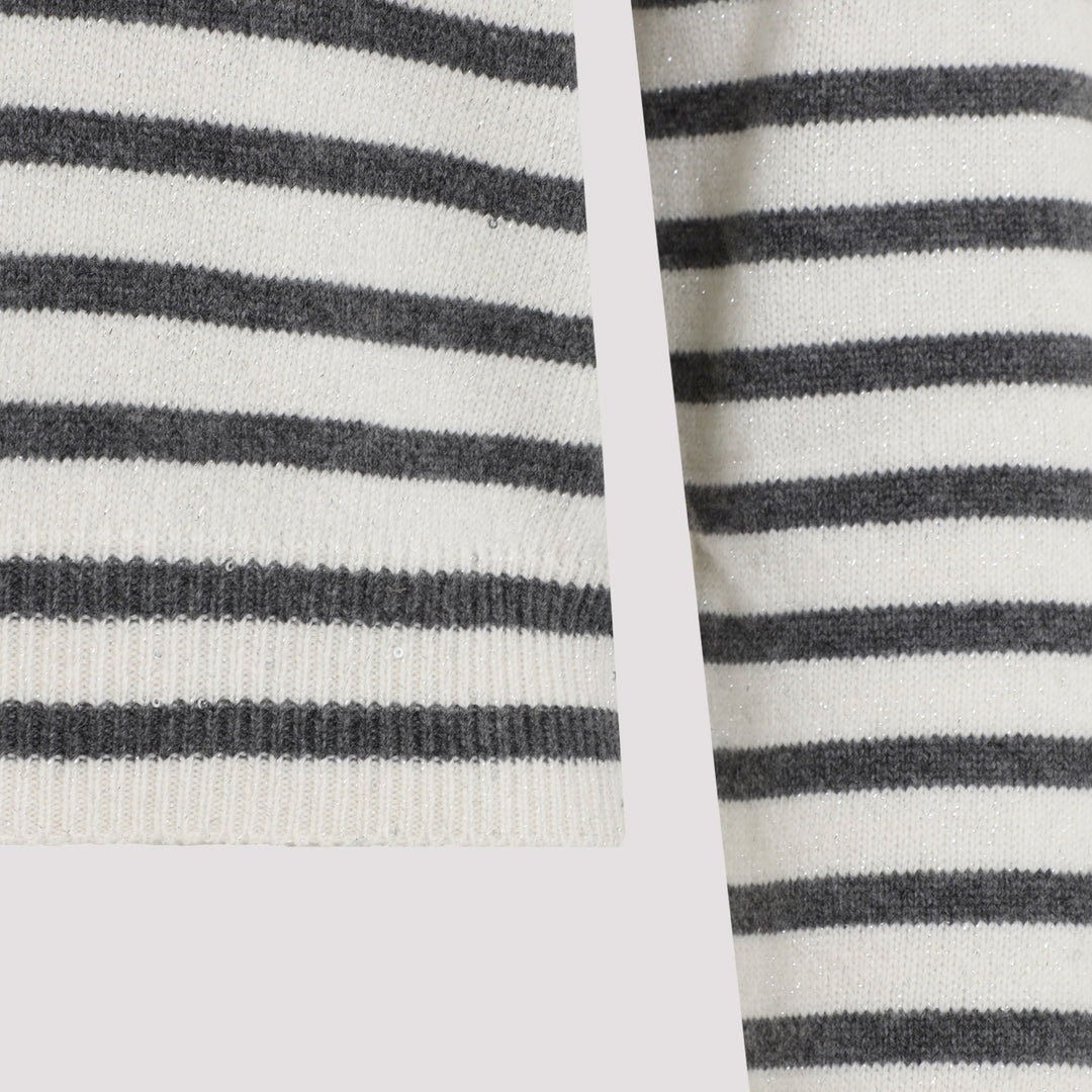 White Stripe Paillettes Cashmere Sweater-5