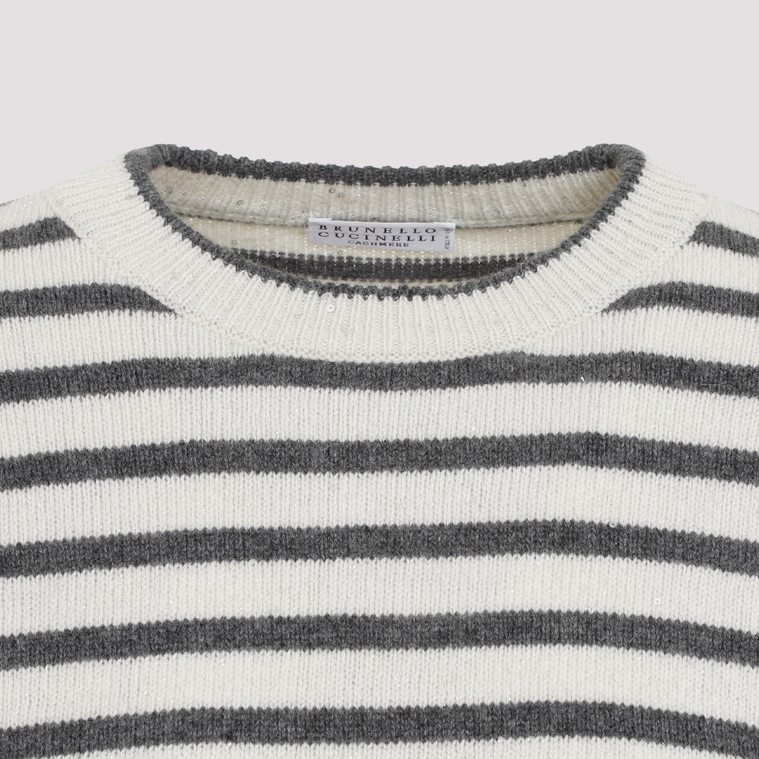 White Stripe Paillettes Cashmere Sweater-6