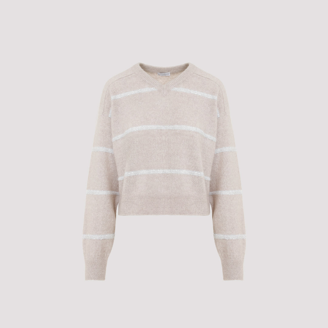 Beige Horizontal Paillettes Stripe Alpaca Sweater-0