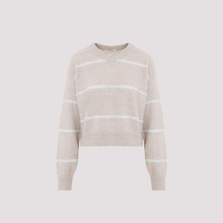 Beige Horizontal Paillettes Stripe Alpaca Sweater-0