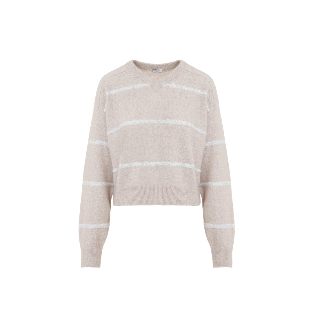 Beige Horizontal Paillettes Stripe Alpaca Sweater-1