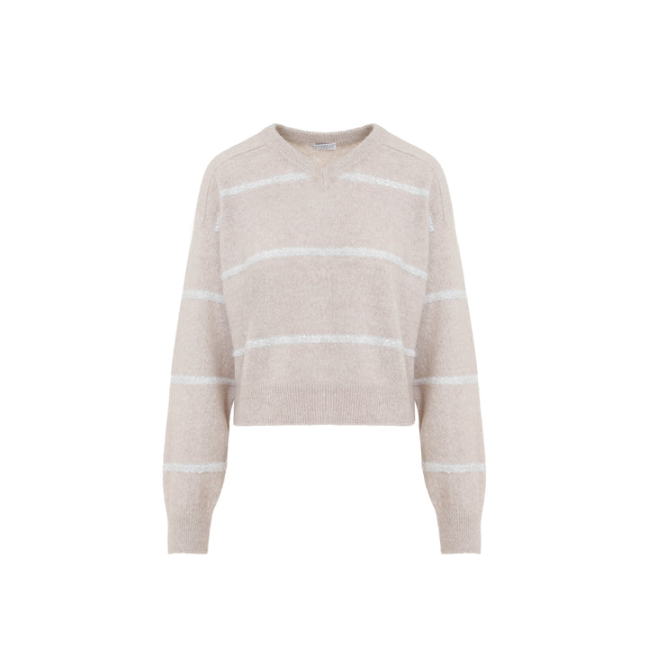 Beige Horizontal Paillettes Stripe Alpaca Sweater-1