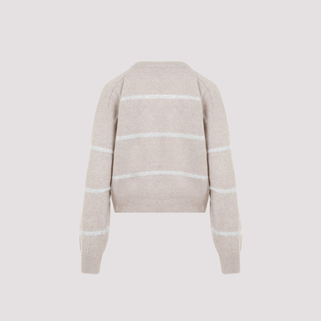 Beige Horizontal Paillettes Stripe Alpaca Sweater-3