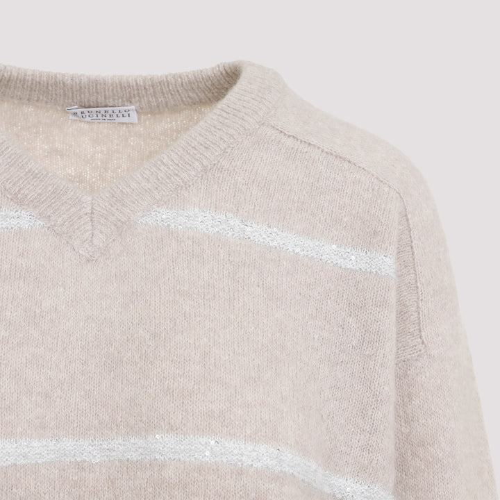 Beige Horizontal Paillettes Stripe Alpaca Sweater-4