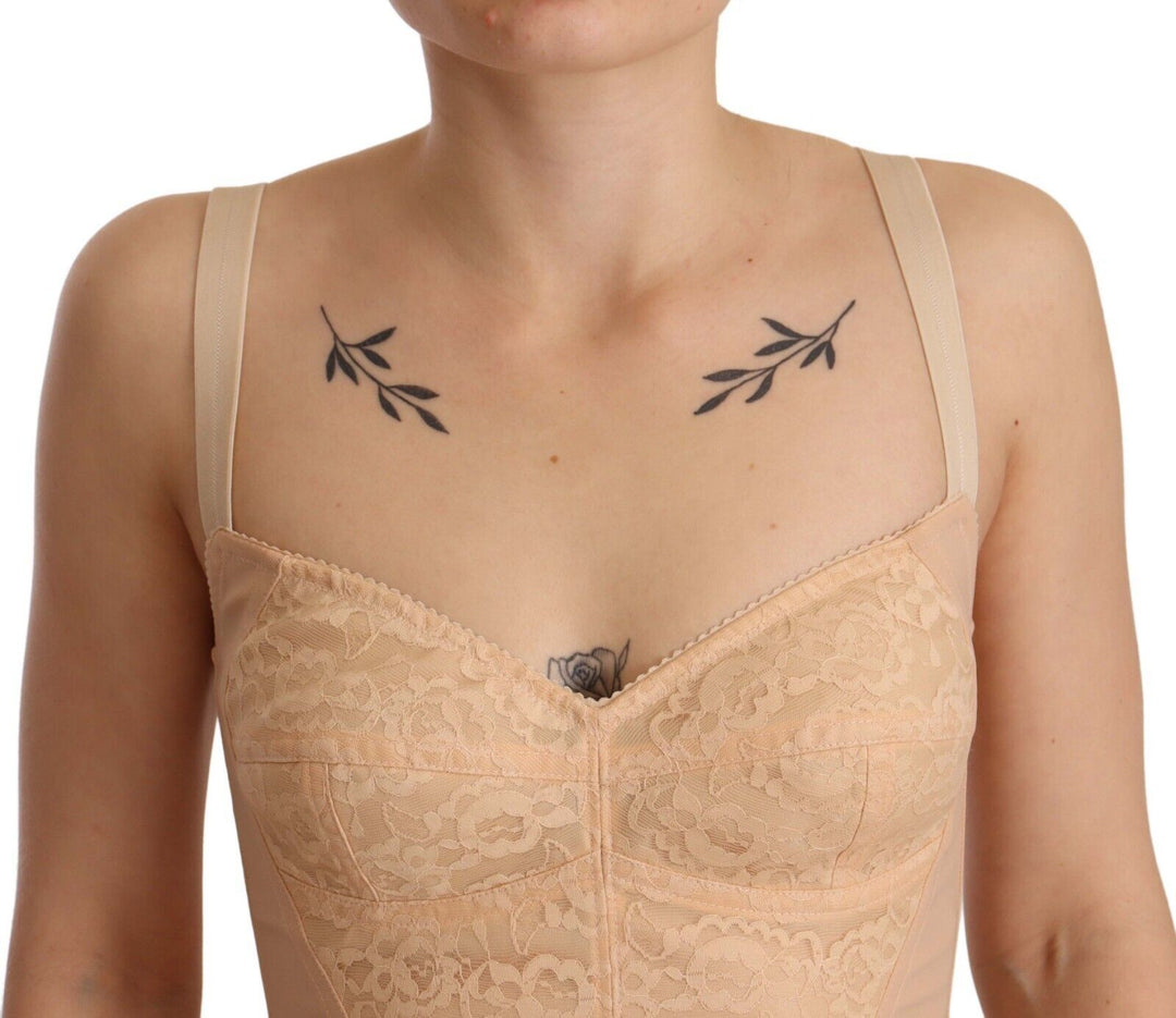 Dolce & Gabbana Beige Nylon Floral Lace Bodysuit Underwear