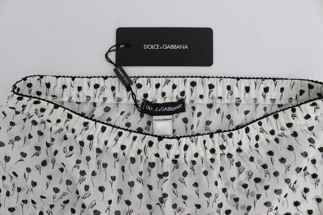 Dolce & Gabbana White Black Floral Lace Silk Sleepwear Shorts