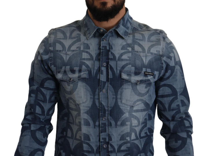 Dolce & Gabbana Blue Denim Stretch DG Logo Casual Mens Slim Shirt