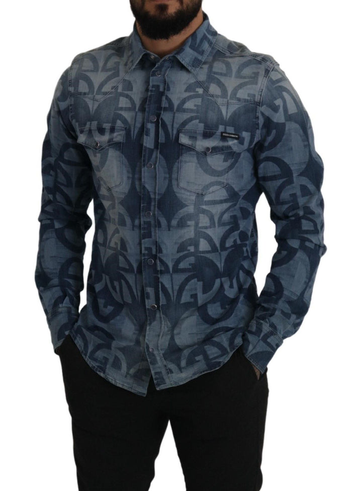Dolce & Gabbana Blue Denim Stretch DG Logo Casual Mens Slim Shirt