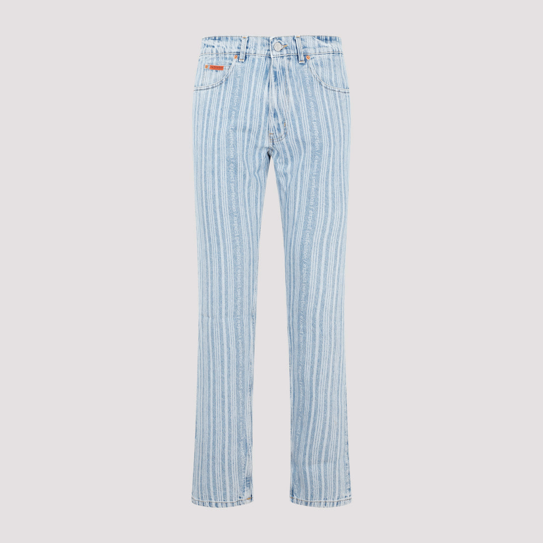 Blue Pinstripe Straight Leg Cotton Jeans-0