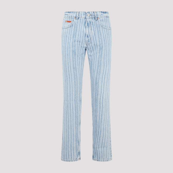 Blue Pinstripe Straight Leg Cotton Jeans-2