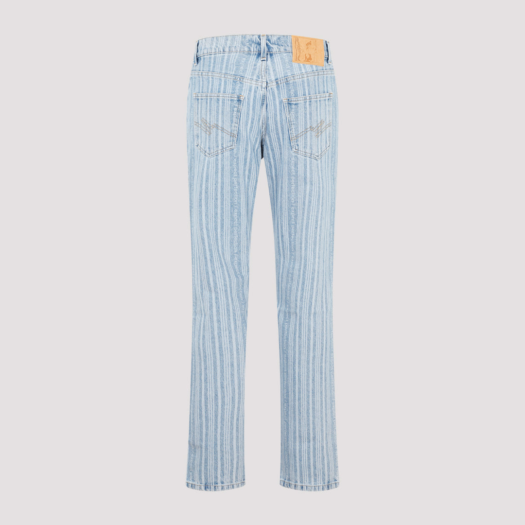 Blue Pinstripe Straight Leg Cotton Jeans-3