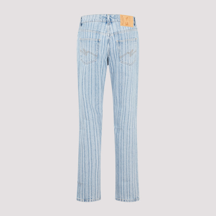 Blue Pinstripe Straight Leg Cotton Jeans-3
