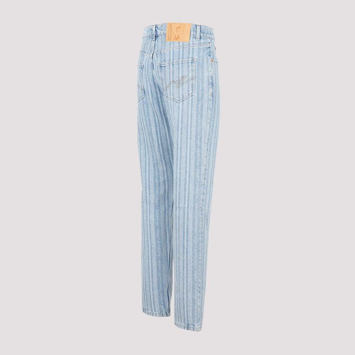 Blue Pinstripe Straight Leg Cotton Jeans-4