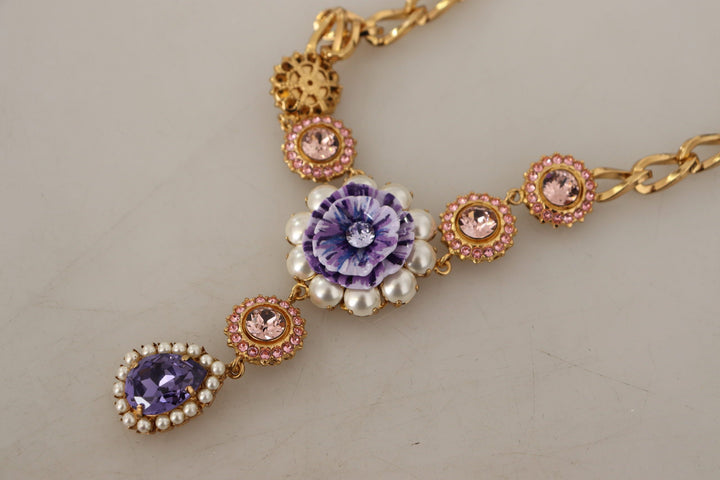 Dolce & Gabbana Gold Brass Crystal Purple Pink Pearl Pendants Necklace