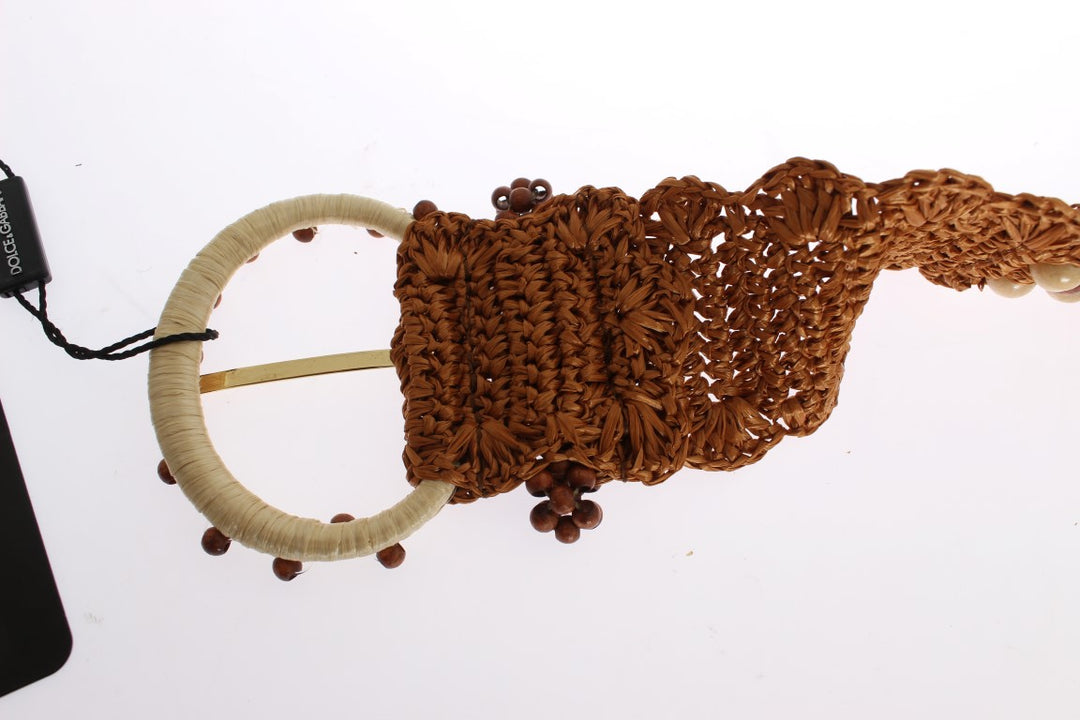 Dolce & Gabbana Brown Raffia Wood Beaded Wide Waist Belt