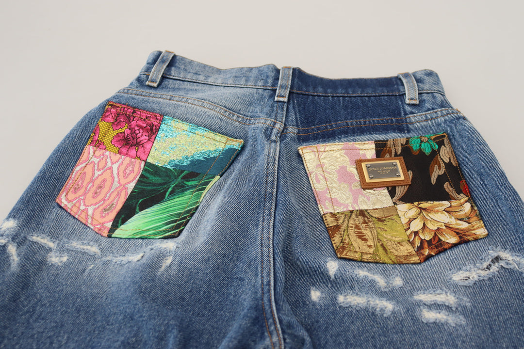 Dolce & Gabbana Blue Washed Cotton Tattered Denim Jeans