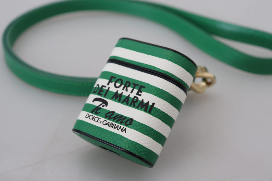 Dolce & Gabbana Green Leather Strap Gold Metal Logo Airpods Case