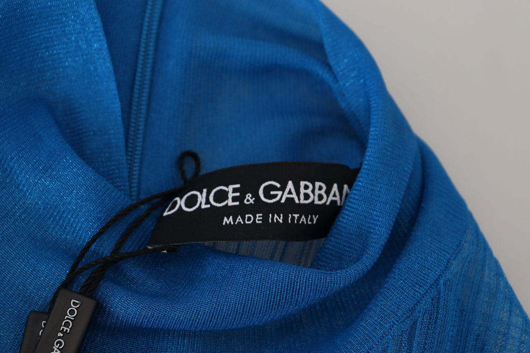 Dolce & Gabbana Blue Mesh Turtleneck Long Sleeve Blouse Top
