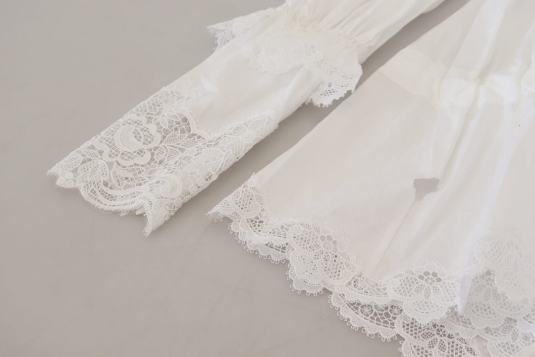 Dolce & Gabbana White Cotton Lace Trim Turtle Neck Blouse Top