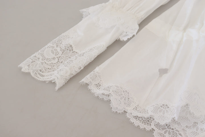 Dolce & Gabbana White Cotton Lace Trim Turtle Neck Blouse Top