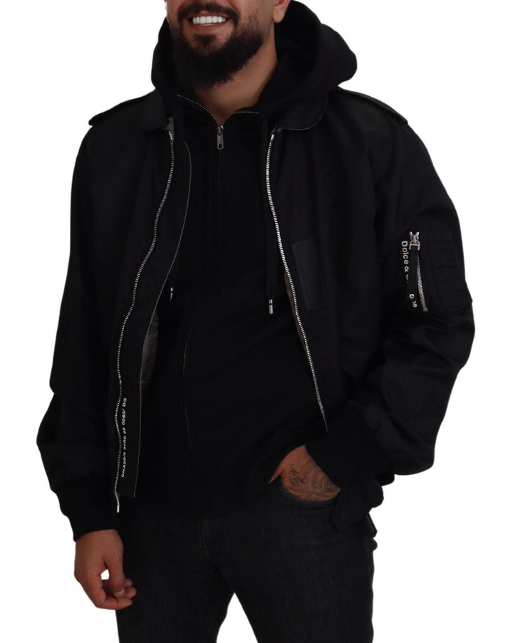 Dolce & Gabbana Black Nylon Hooded Full Zip Men Coat Jacket