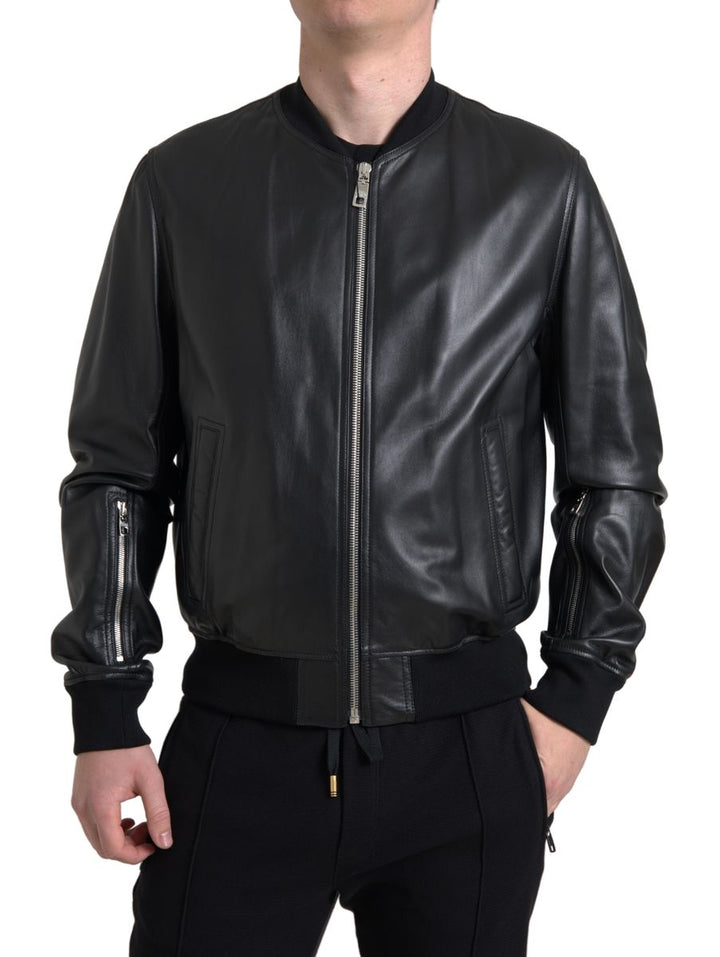 Black Leather Full Zip Bomber Men Jacket