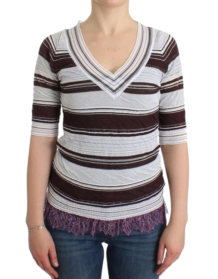 Ermanno Scervino Striped Lace V-Neck Short Sleeve Top Sweater
