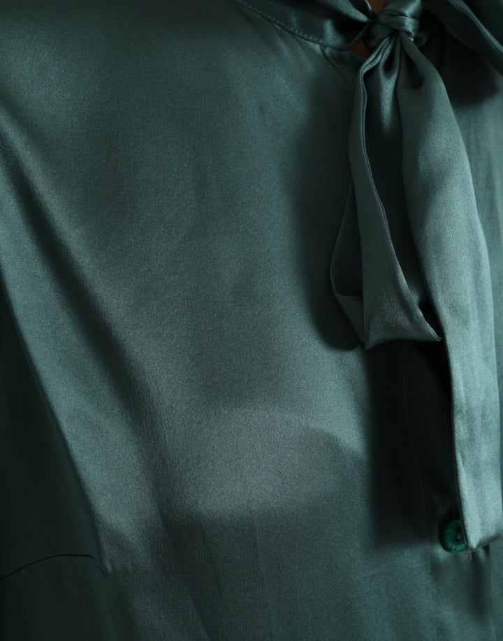 Dolce & Gabbana Dark Green Silk Ascot Collar Blouse Top