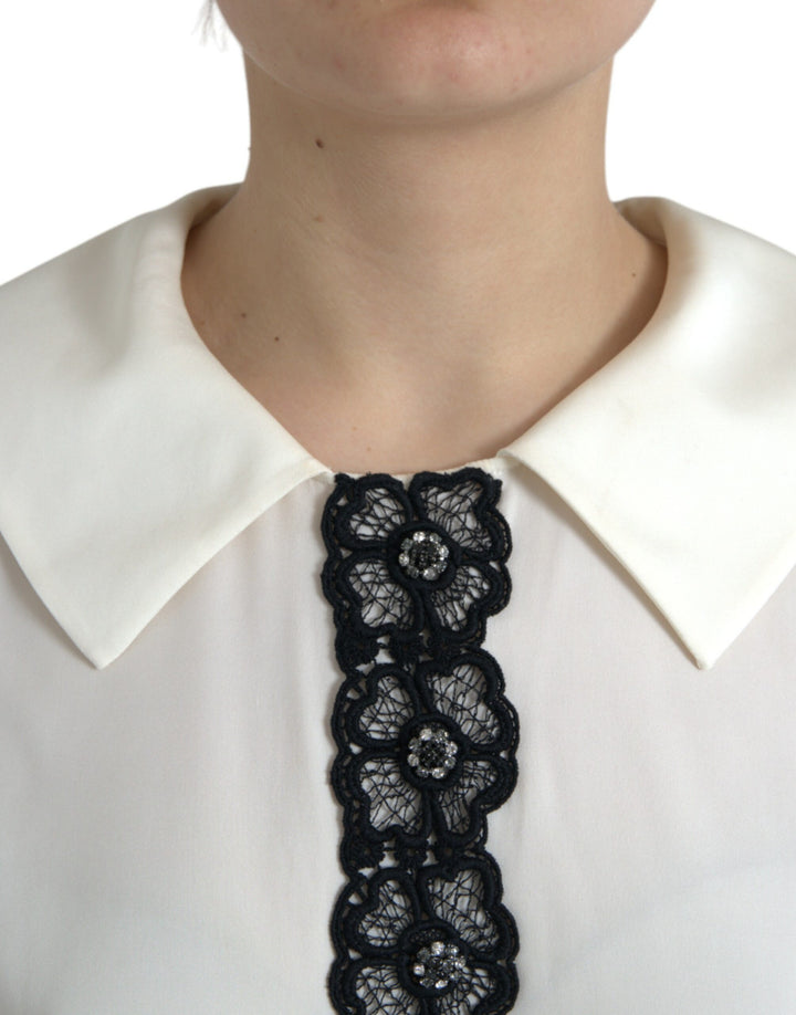 Dolce & Gabbana Off White Silk Lace Trim Short Sleeves Top