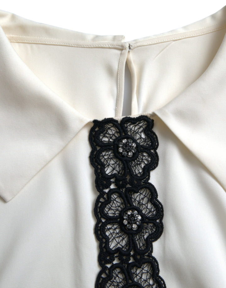 Dolce & Gabbana Off White Silk Lace Trim Short Sleeves Top