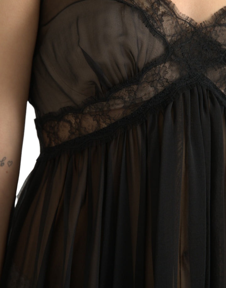 Dolce & Gabbana Black Silk Pleated Lace Chiffon Mini Dress